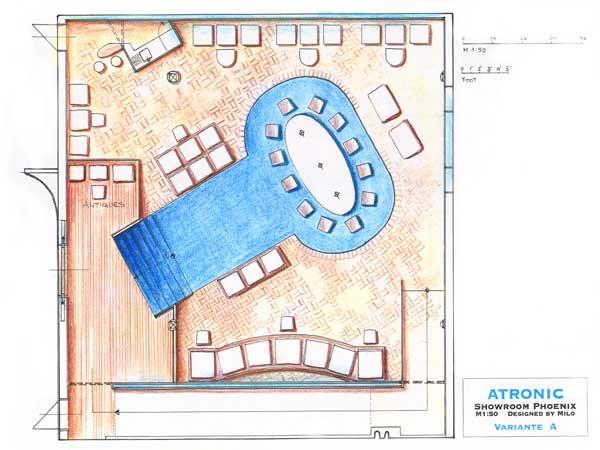 Showroom design for Atronic in Scotsdale US
The showroom planning and design should fulfill several tasks - provide a great room experience - a conversation area and the Slotmahine presentation area.  Showroom + casino designer + planner is  Alexander Milo - +43 699 16417140