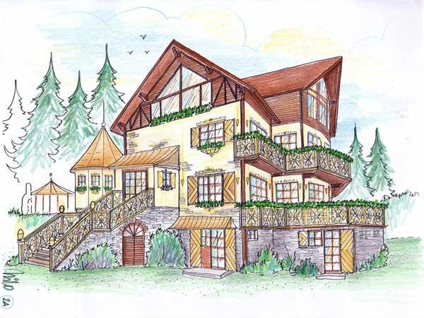 Entwurf für ein Chalet im alpinen rustikalen Stil
Alpin Villen Chalet Planung und Design - neue Haus Fassaden Gestaltung - mit alpinen Stilmittel und Materialien soll die Fassade - für unseren Auftraggeber - verändert werden