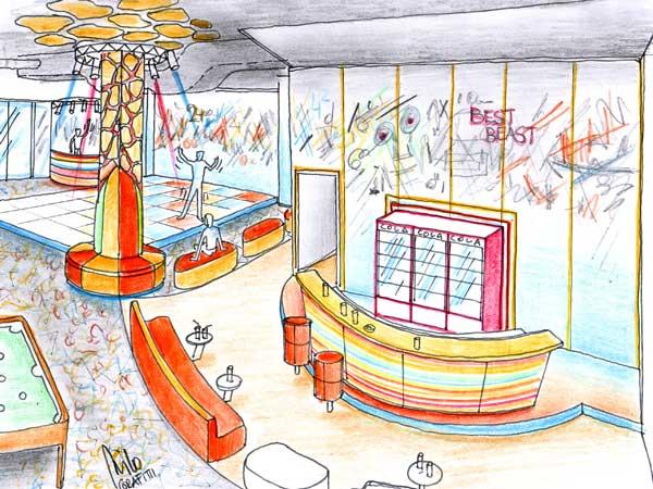 Design ideas for the dance and bar area in the teens area.
 Shopping Center Indoor Playground planning and design - design drawing with the graffiti theme for the dance and bar area in the Teen area.  Interior Designer ist Milo Alexander  - +43 699 16417140