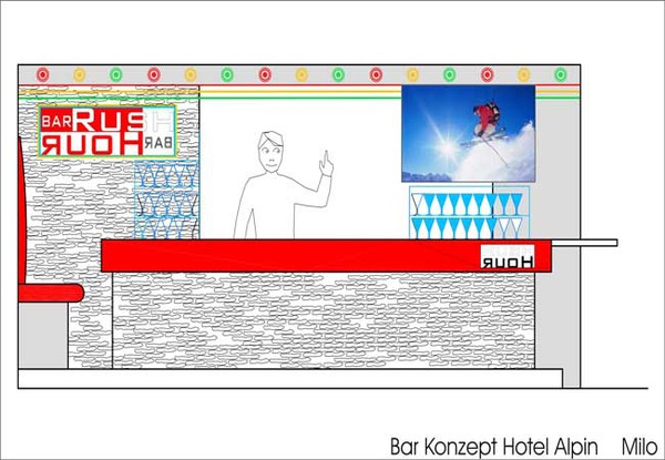 Ski bar interior planning design - view of the hotel bar
Hotel restaurant bar interior design planning - here is a sketch front view of the bar - tel bar - with light gray bricks and red bar top - made of leather. The bar design is made by  Alexander Milo - + 43 (0) 676/56-93-470 