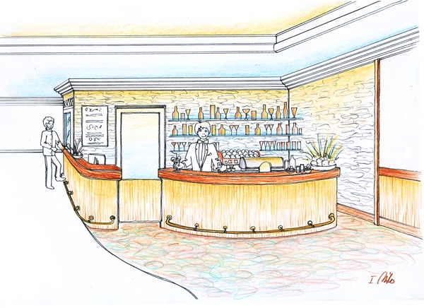 Small cozy casino bar with decorative wall panels and LED bar
Alexander Milo's Ideas concept drawing for a small fine casino bar design equipment.