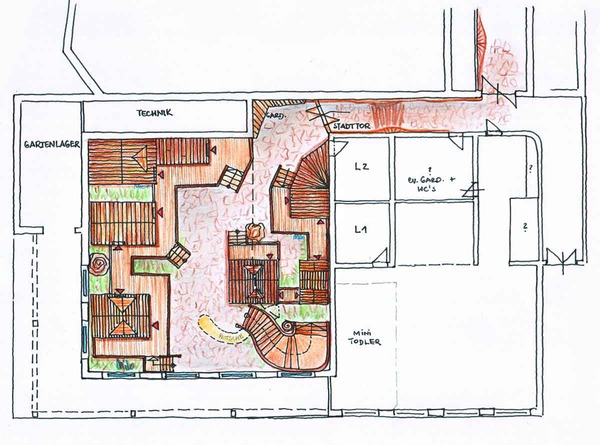 Statt Olympics ein großes Baumhausdorf mit vielen unterschiedlichen Attraktionen
Grundriss der Kinder Spiel Raum Ausstattung Design Planung von Milo. Jedes Baumhaus eine kleine Attraktion zur Unterhaltung und Spaß für alle Kinder Altersgruppen