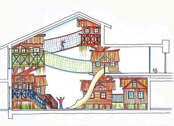 Seitenansicht der Baumhaus Dorf Ausstattung Design Planung von Milo
Die Seitenansicht des Baumhaus Dorfes zeigt die unterschiedlichen Höhenniveaus, die größeren Kinder spielen weiter oben. Bunt, lebenslustig und abenteuerlich ist dieser Kinder Playground Spielplatz und sorgt für viel Unterhaltung für alle Kinder Altersgruppen. Wenn wir Ihr Interesse geweckt haben:  office@kunst-und-ideen.com