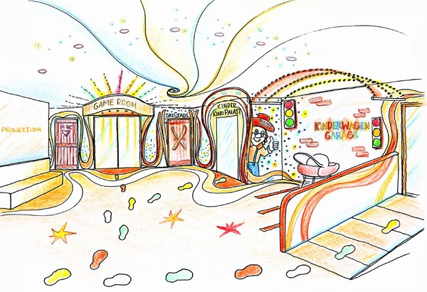 Auf dem Weg zu den Attraktionen - ob Kino oder Playground
Kinderhotel Raum Design Ausstattung Planungen von Milo - von hier werden die Kinder zu allen Attraktionen geleitet - mit Lichteffekten, Farben animierten Projektionen. Haben Sie interesse und Fragen:  office@kunst-und-ideen.com  .