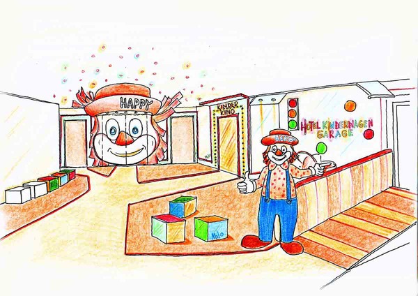 Variante 2 - auf dem Weg zu den Attraktionen - ob Kino oder Playground
Kinderhotel Raum Design Ausstattung Planungen von Milo - von hier werden die Kinder zu allen Attraktionen geleitet - der sprechende Clown macht Späße und führt die Kinder zu den jeweiligen Attraktionen. Haben Sie interesse und Fragen:  office@kunst-und-ideen.com