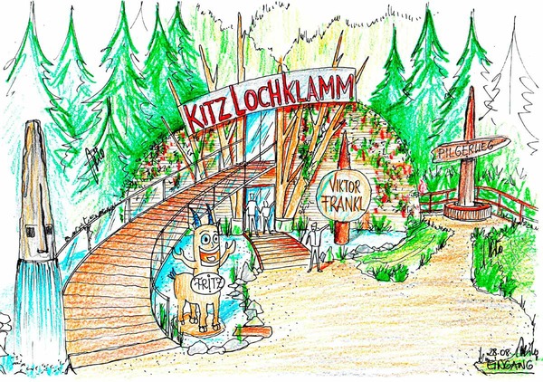 Entrance variant with the references to the different experience walking trails
In the Kitzlochklamm ideas concept design planning there is the adventure trail through the canyon - with many additional attractions and experiences with and around Viktor Frankl - as well as a spiritual and decelerated displacement way.