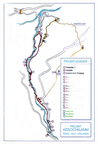 Kitzloch canyon plan and directions of all attractions
Here you can see the Kitzlochklamm ideas concept design planning for the experience adventure trail - with the various trails and special theme areas - which will entertain visitors excellent all day..