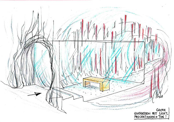 Eine Tropfsteinhöhle "erleben" ohne zu zerstören
Kitzlochklamm Abenteuer Wanderweg Ideen Konzept Design Planung - am Weg liegt eine Tropfsteinhöhle, die leider schon sehr unter Besuchern gelitten hat. in einem Glaskasten - können die Besucher eine großartige Licht Inszenierung der Höhle mit Geräuschen oder auch speziellen Sound erleben können.