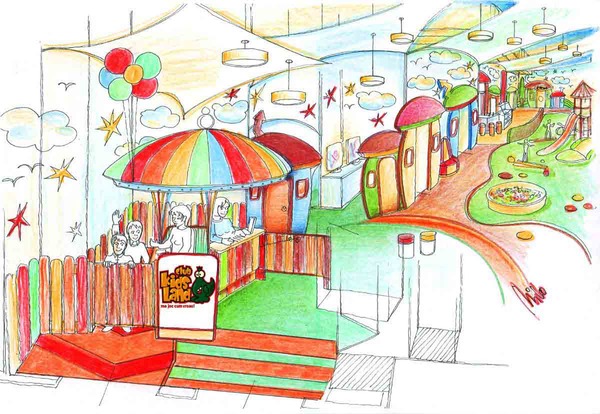 Kinder Kidsland Eingang Bereich mit Kasse - Konzept Design Planung by Milo
Kinder Indoor Spiel Park in einem Einkaufszentrum - farbenfroher, bunter Eingangsbereich mit der Kassa und einen Blick über die weitere Indoor Raum Design Gestaltung - geplant von Milo. Wenn Sie Interesse haben - kontaktieren Sie uns:  office@kunst-und-ideen.com