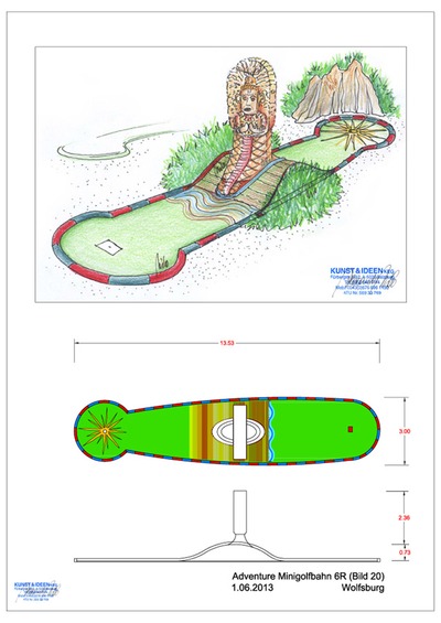 Eine Themen Adventure Minigolf Bahn Design Planung mit einer großen Skulpture
Detail Design Planung einer Minigolf Bahn mit einer Themen Maya Skulpture. Abends beginnt die Minigolf Bahn und die Figur zu leuchten und verzaubert die Besucher