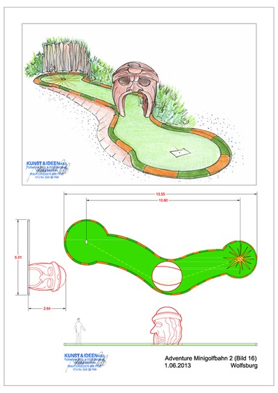 Eine dekorative Adventure Minigolf Bahn mit einem großen Kopf
Ein großer Mayakopf der bespielt werden will - in der Minigolf Adventure Themen Design Planung für eine große Kinder Erlebnispark in Deutschland. Wenn Sie Fragen haben - scheuen Sie sich nicht uns zu kontaktieren: office@kunst-und-ideen.com